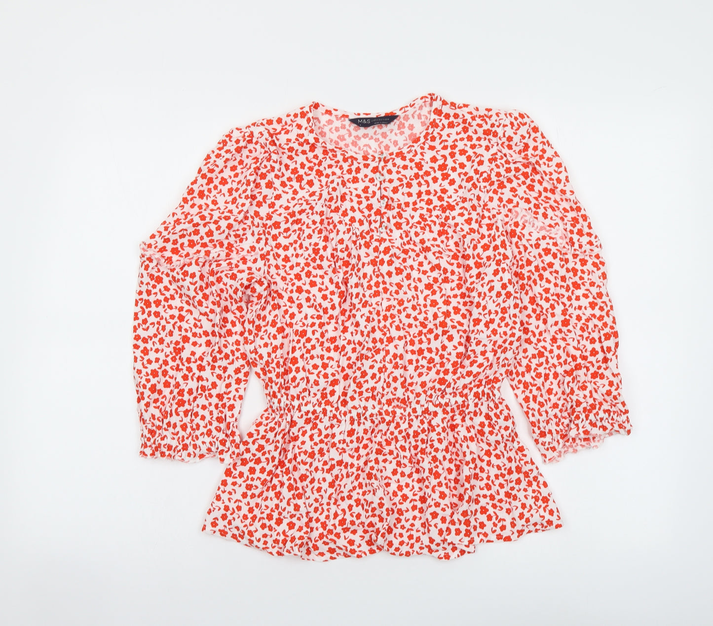 Marks and Spencer Womens Red Floral Viscose Basic Blouse Size 8 Round Neck