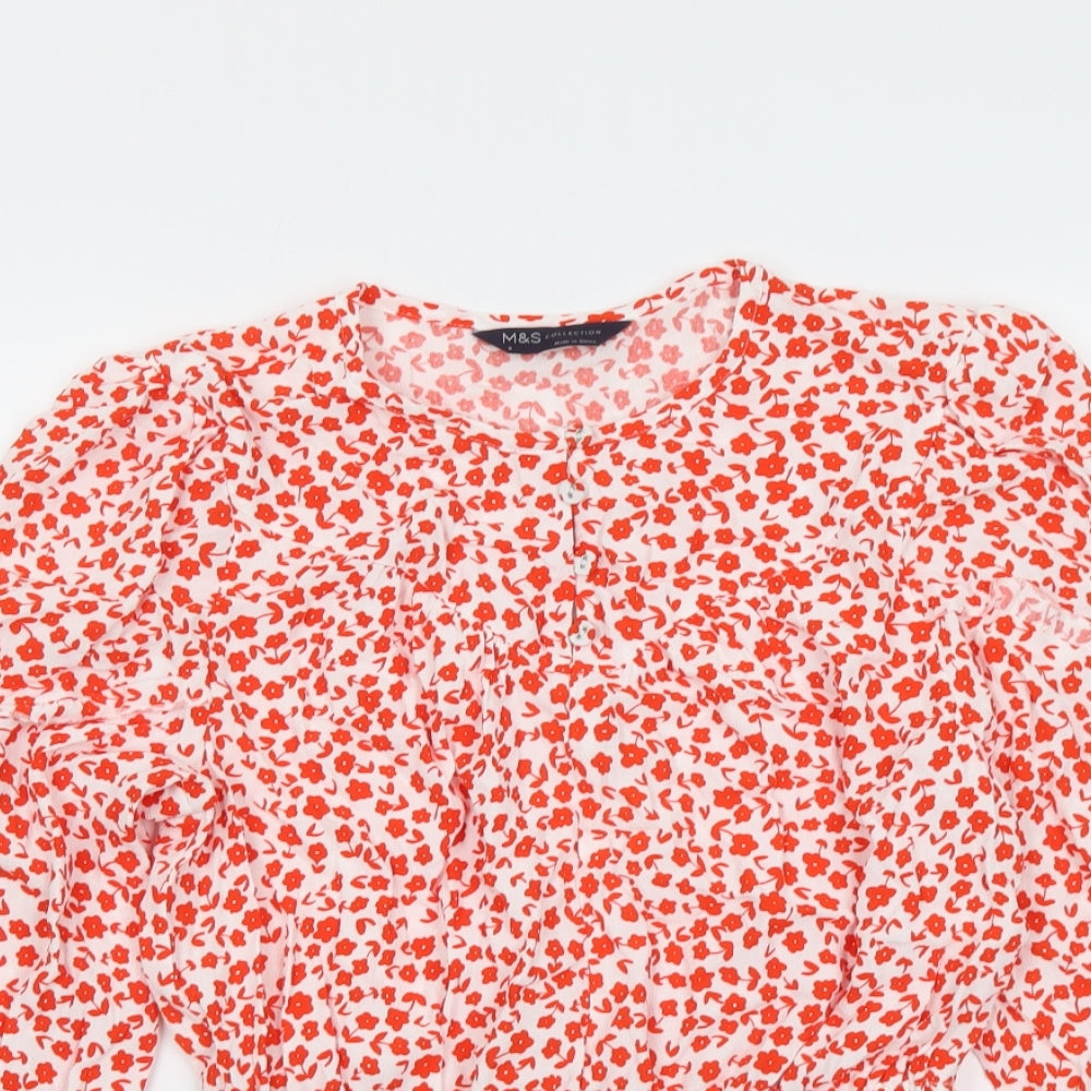 Marks and Spencer Womens Red Floral Viscose Basic Blouse Size 8 Round Neck