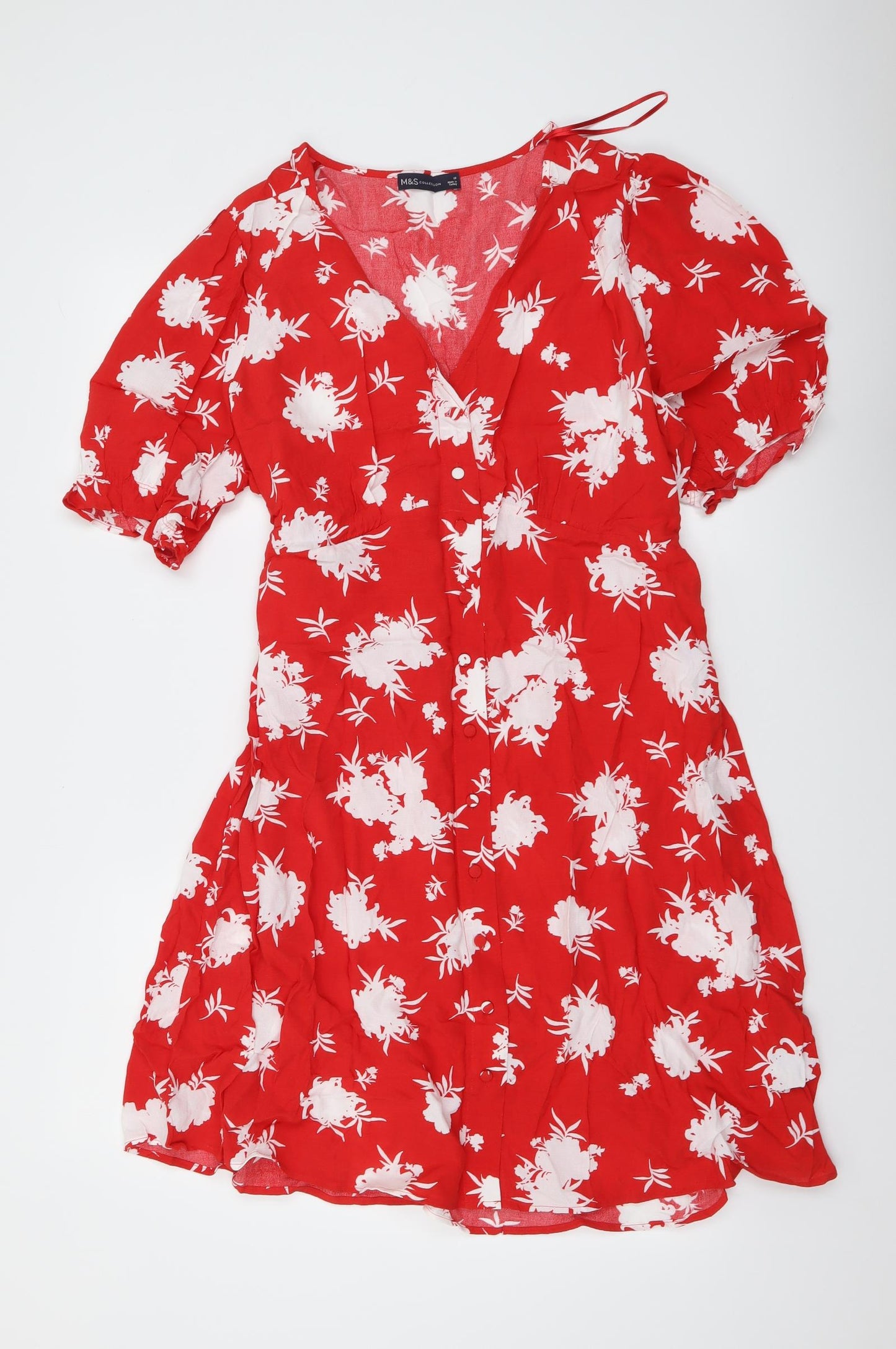 Marks and Spencer Womens Red Floral Viscose Shirt Dress Size 18 V-Neck Button