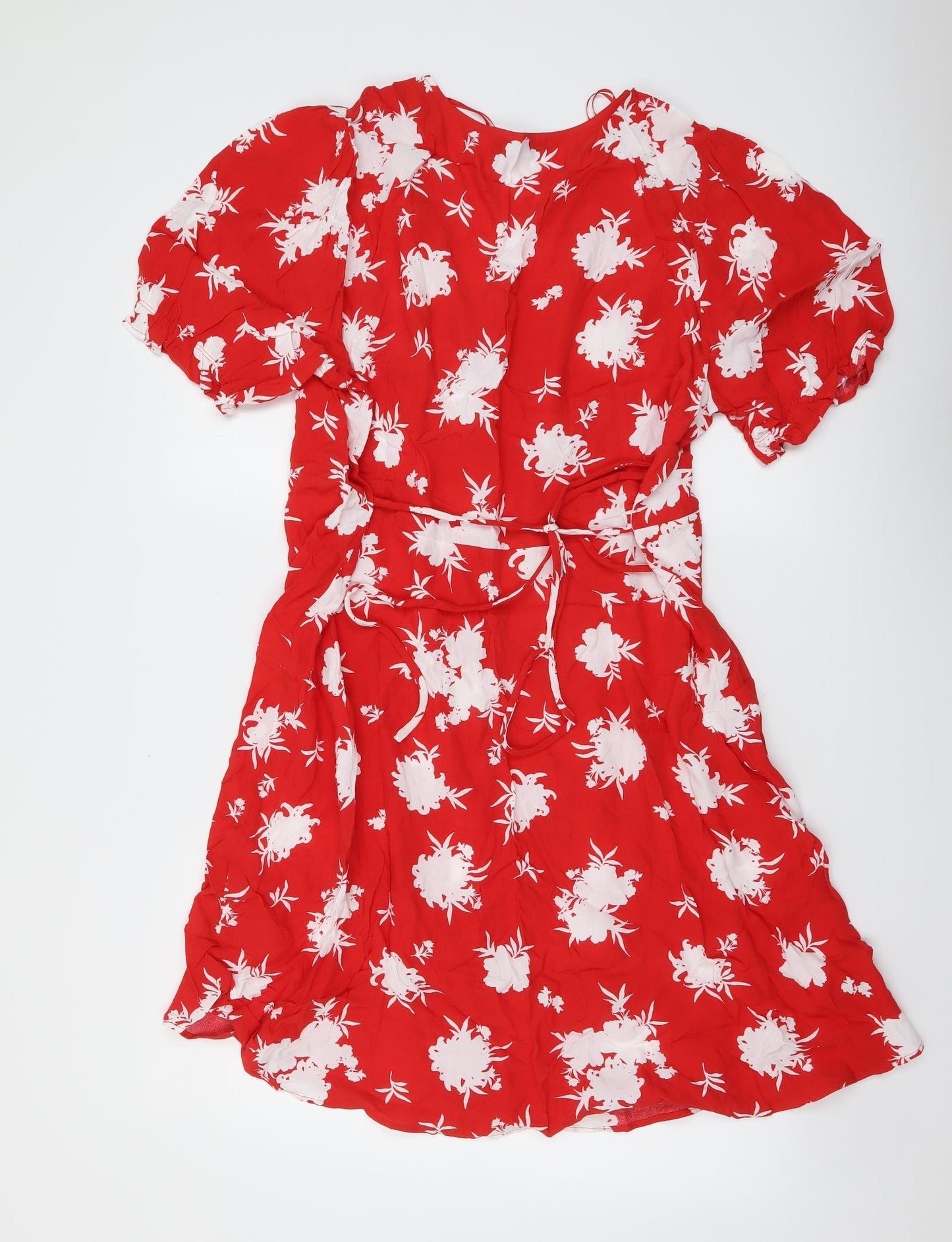 Marks and Spencer Womens Red Floral Viscose Shirt Dress Size 18 V-Neck Button