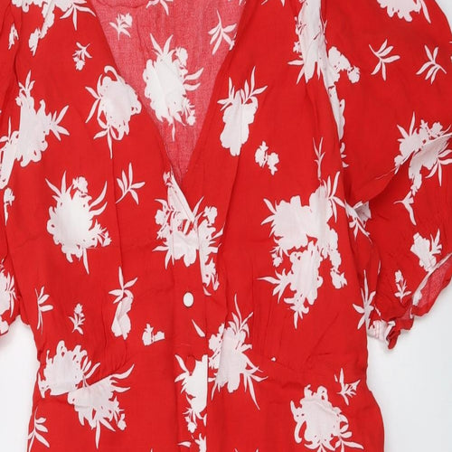 Marks and Spencer Womens Red Floral Viscose Shirt Dress Size 18 V-Neck Button