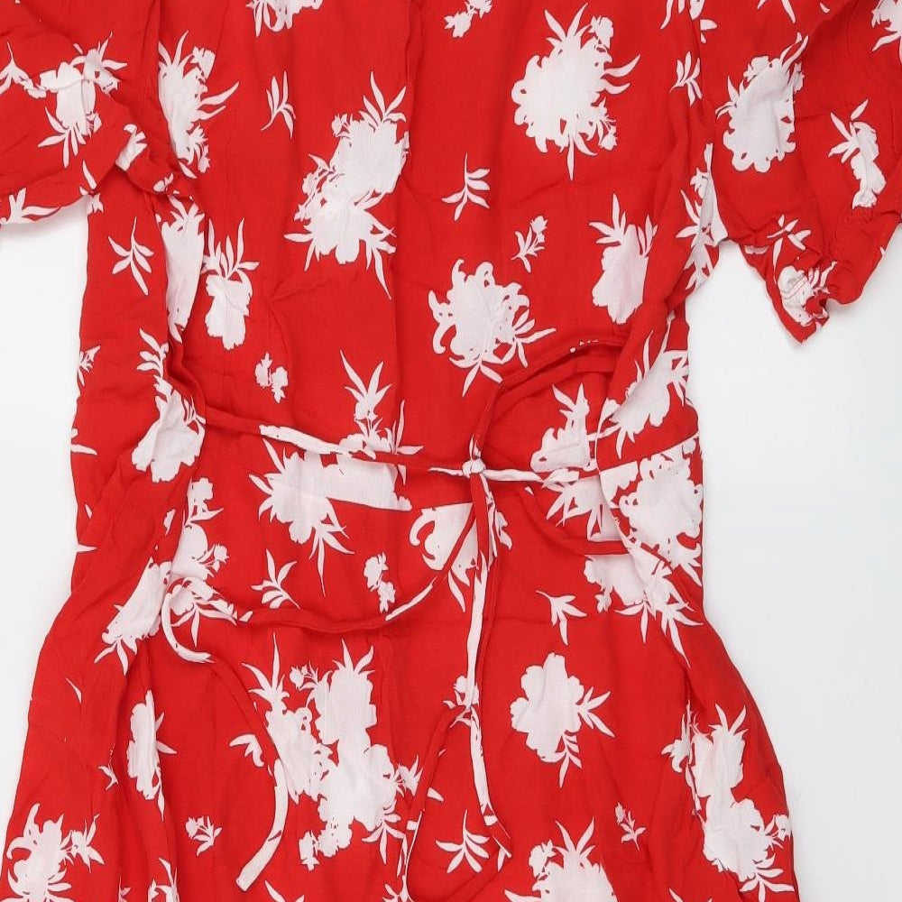 Marks and Spencer Womens Red Floral Viscose Shirt Dress Size 18 V-Neck Button
