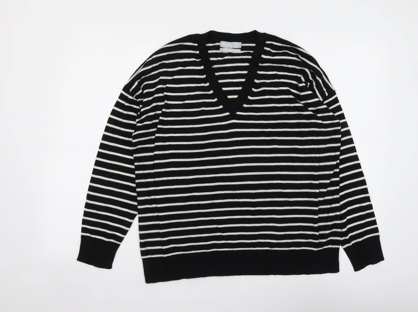 Marks and Spencer Womens Black V-Neck Striped Wool Pullover Jumper Size M