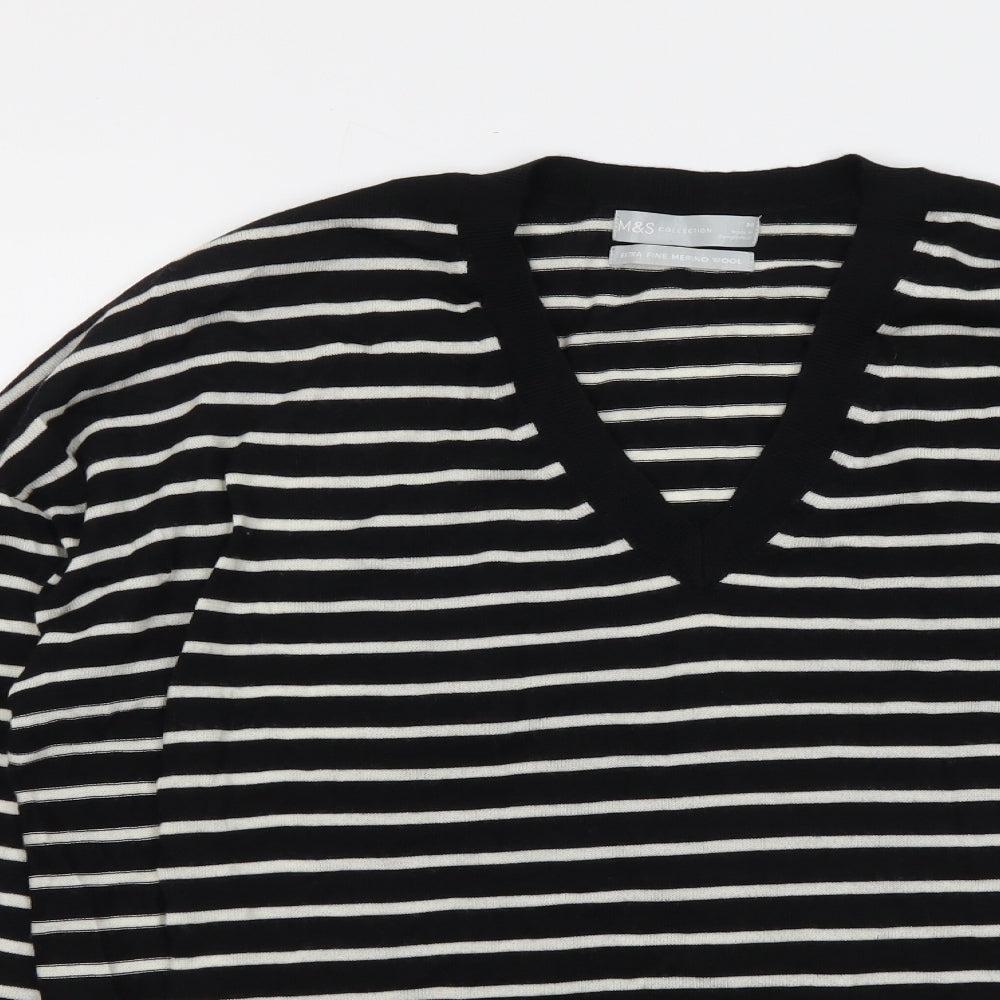 Marks and Spencer Womens Black V-Neck Striped Wool Pullover Jumper Size M