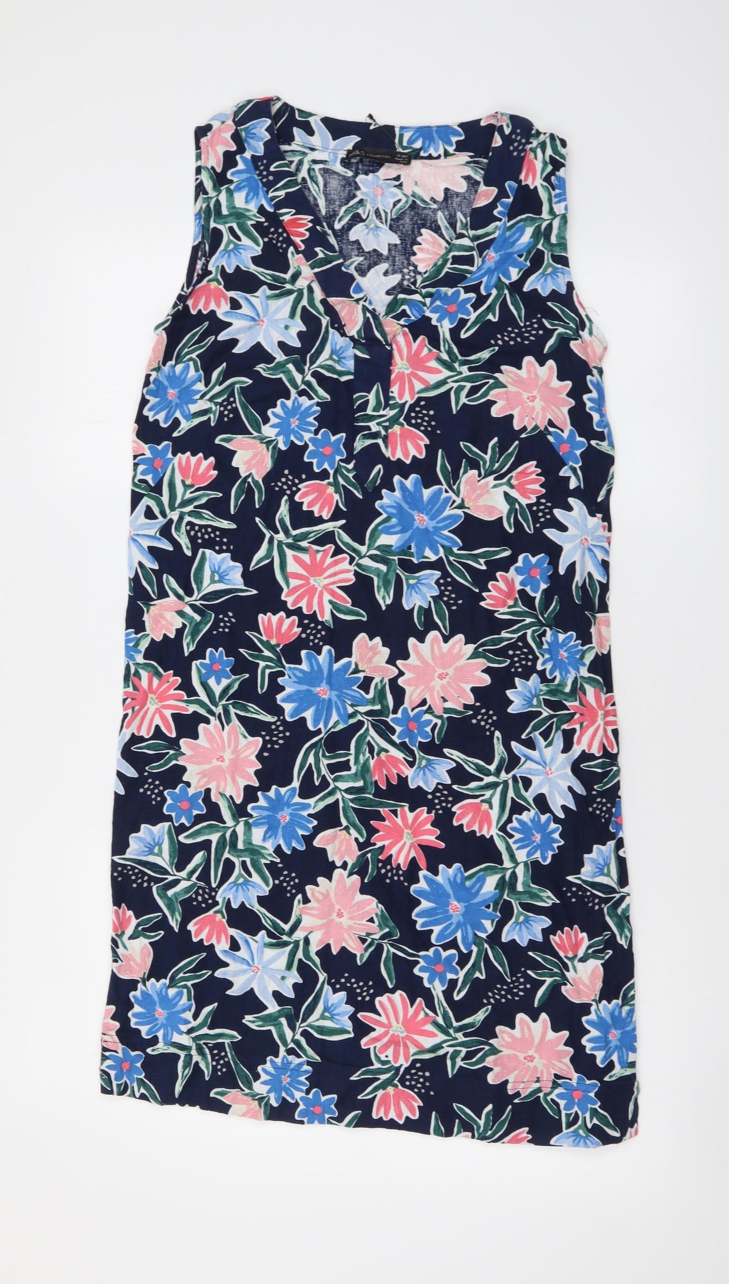 Marks and Spencer Womens Multicoloured Floral Linen A-Line Size 16 V-Neck Pullover