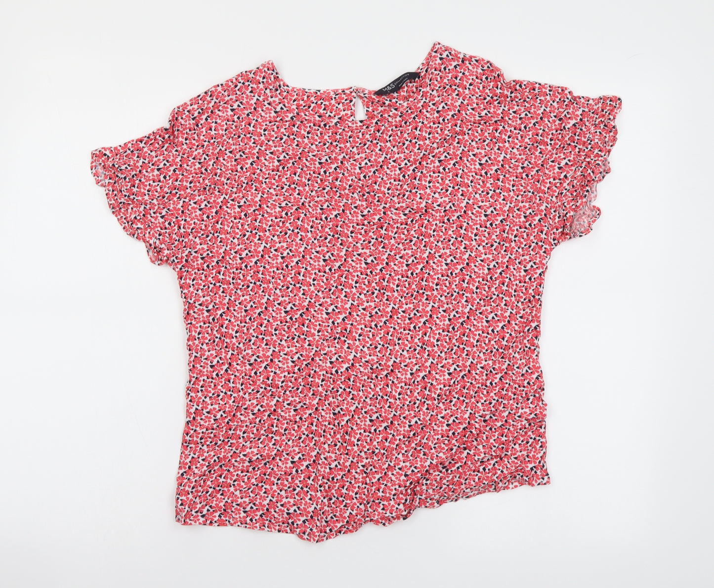 Marks and Spencer Womens Red Floral Viscose Basic Blouse Size 8 Round Neck