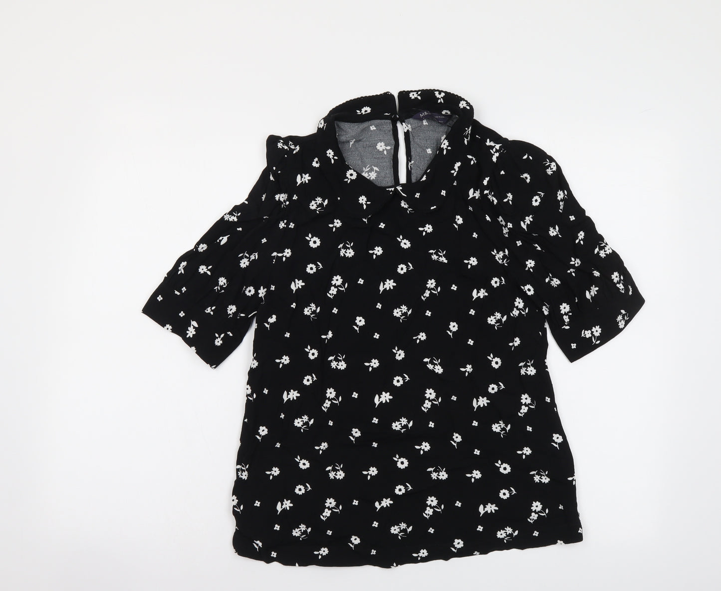 Marks and Spencer Womens Black Floral Viscose Basic Blouse Size 6 Collared