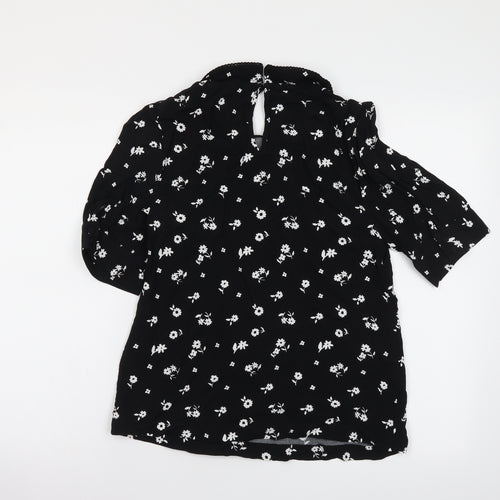 Marks and Spencer Womens Black Floral Viscose Basic Blouse Size 6 Collared