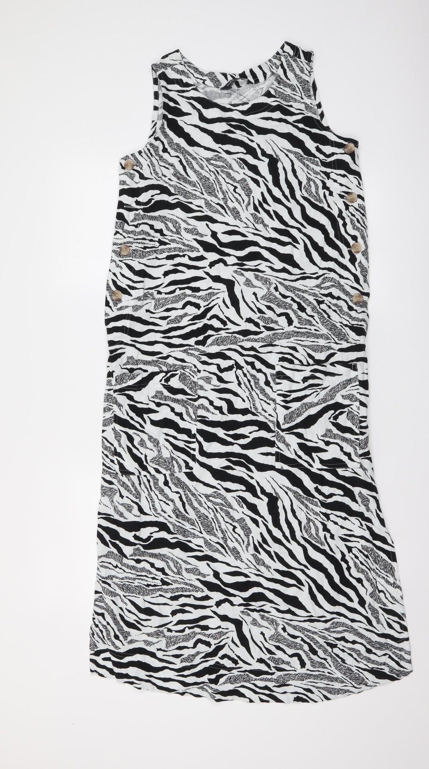Marks and Spencer Womens White Animal Print Linen Tank Dress Size 6 Round Neck Pullover - Zebra pattern