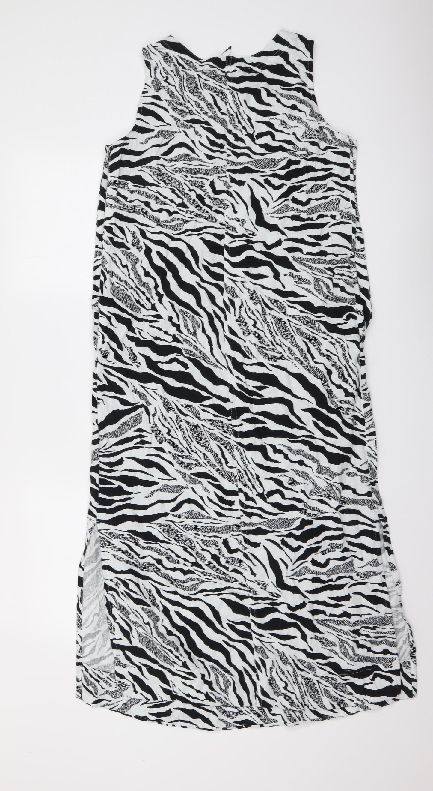 Marks and Spencer Womens White Animal Print Linen Tank Dress Size 6 Round Neck Pullover - Zebra pattern