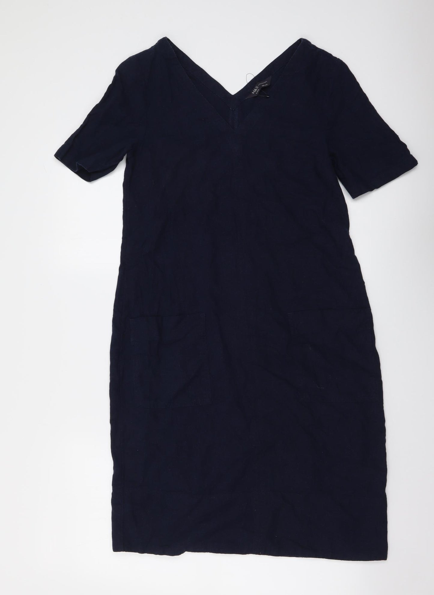 Marks and Spencer Womens Blue Linen A-Line Size 8 V-Neck Pullover