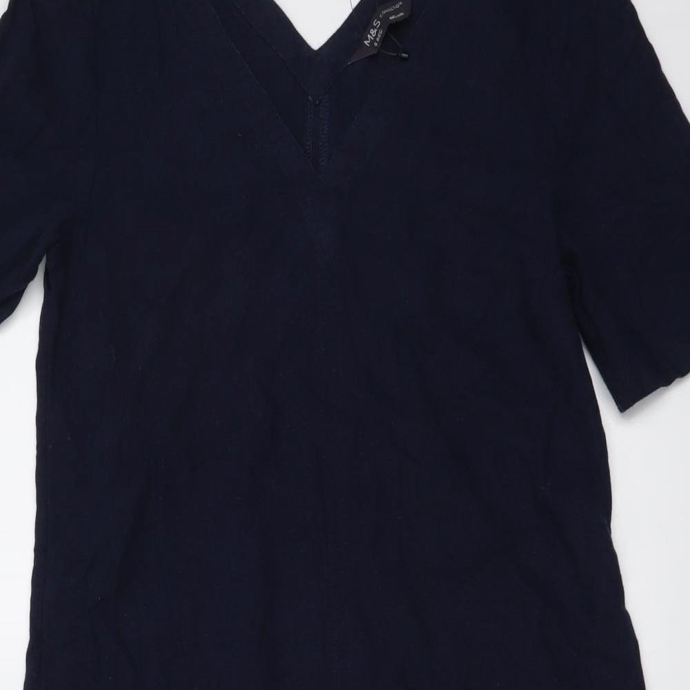 Marks and Spencer Womens Blue Linen A-Line Size 8 V-Neck Pullover