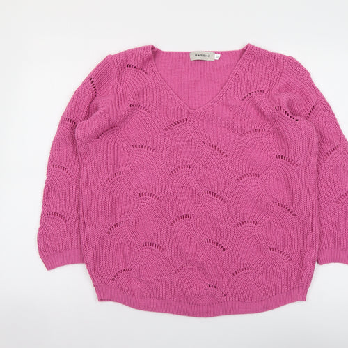 BASSINI Womens Pink V-Neck Acrylic Pullover Jumper Size M