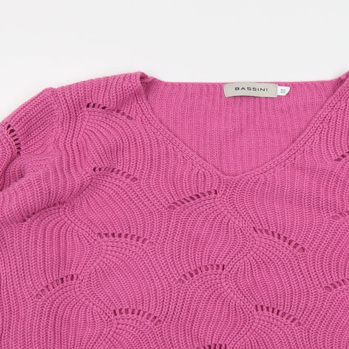 BASSINI Womens Pink V-Neck Acrylic Pullover Jumper Size M