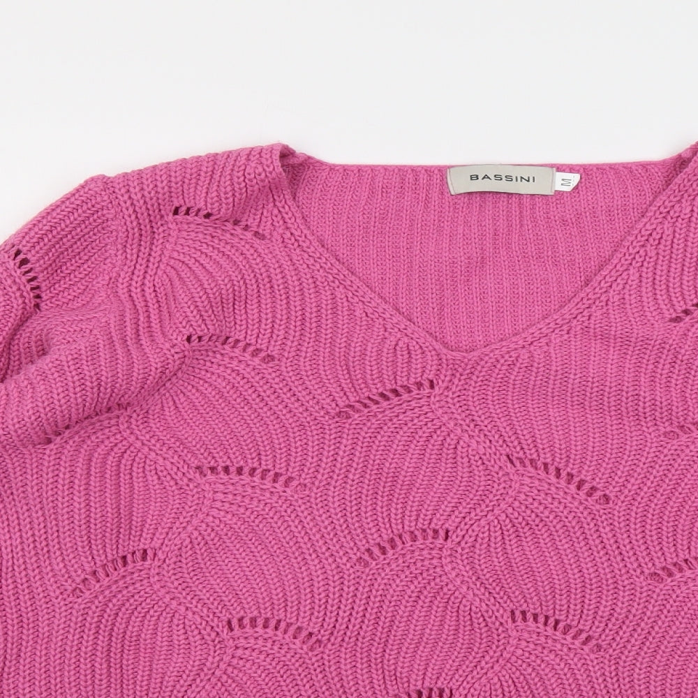 BASSINI Womens Pink V-Neck Acrylic Pullover Jumper Size M