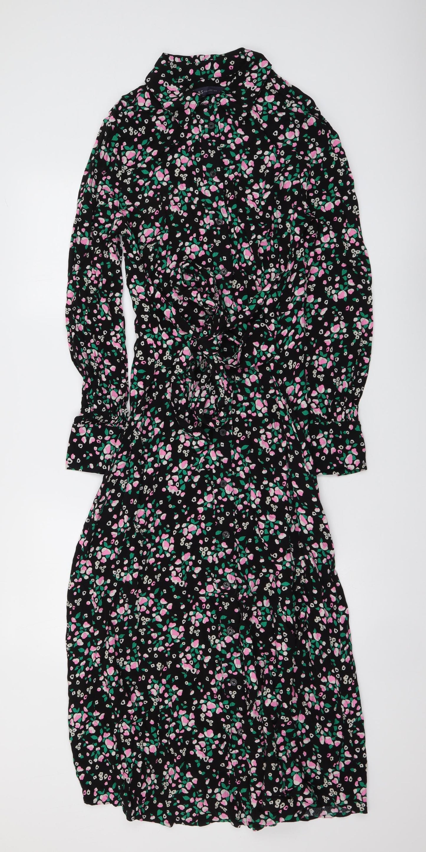 Marks and Spencer Womens Black Floral Viscose Shirt Dress Size 10 Collared Button