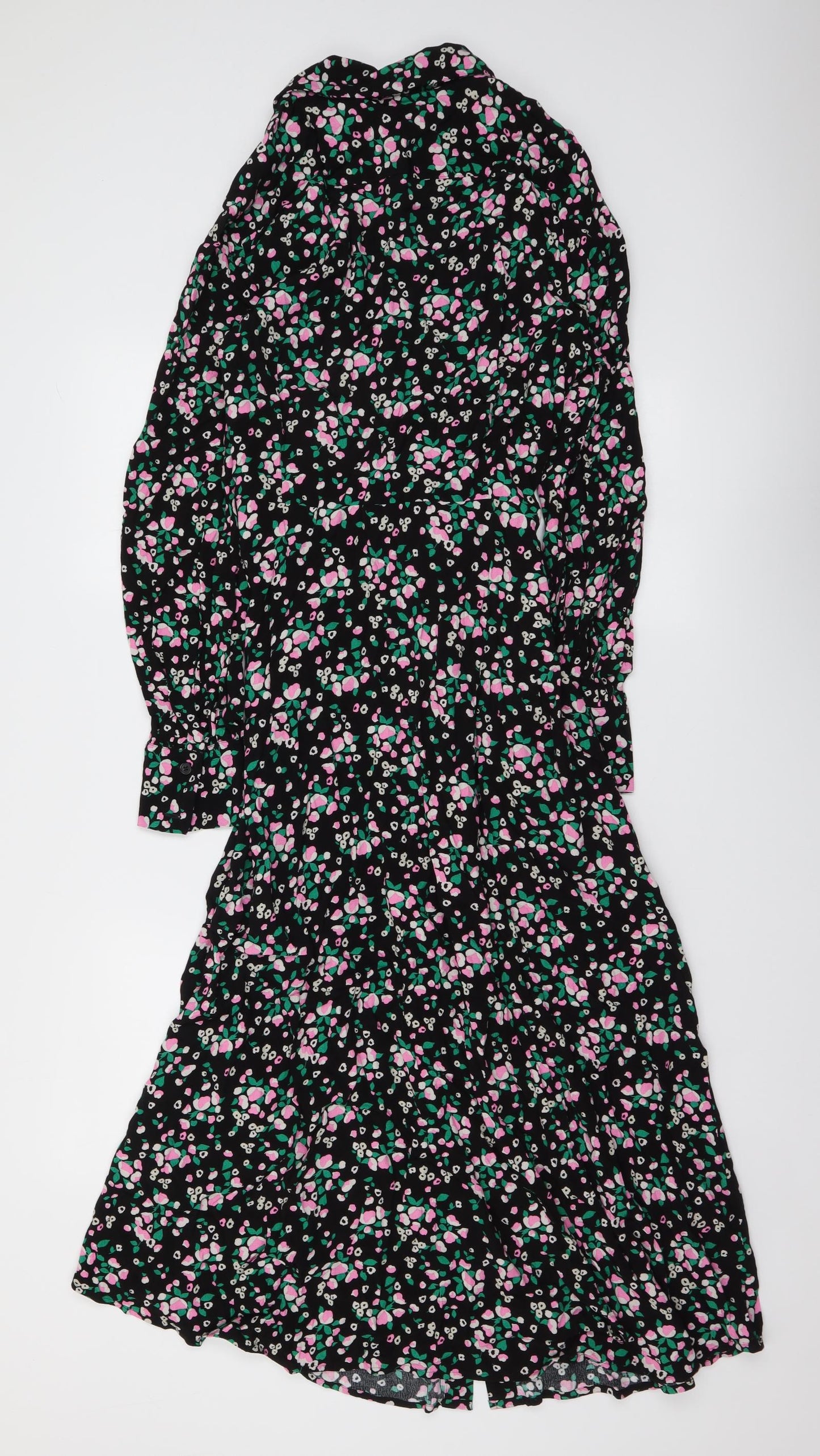 Marks and Spencer Womens Black Floral Viscose Shirt Dress Size 10 Collared Button