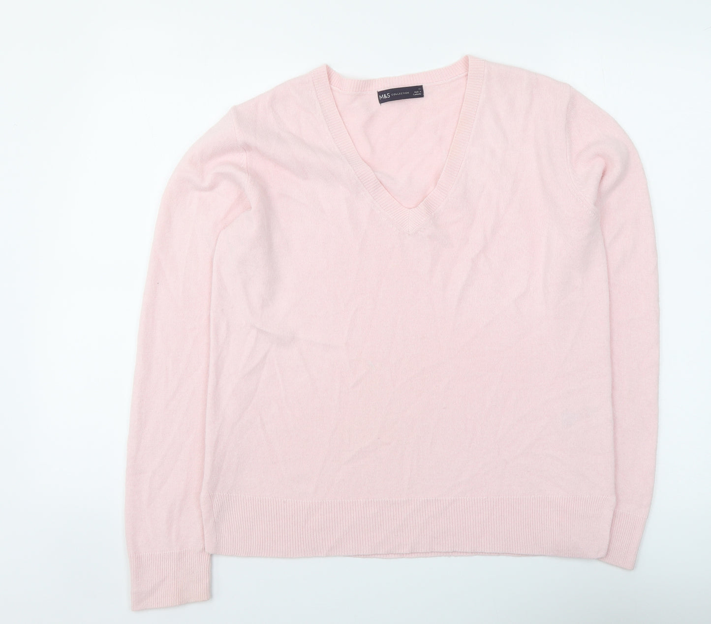 Marks and Spencer Womens Pink V-Neck Acrylic Pullover Jumper Size 12