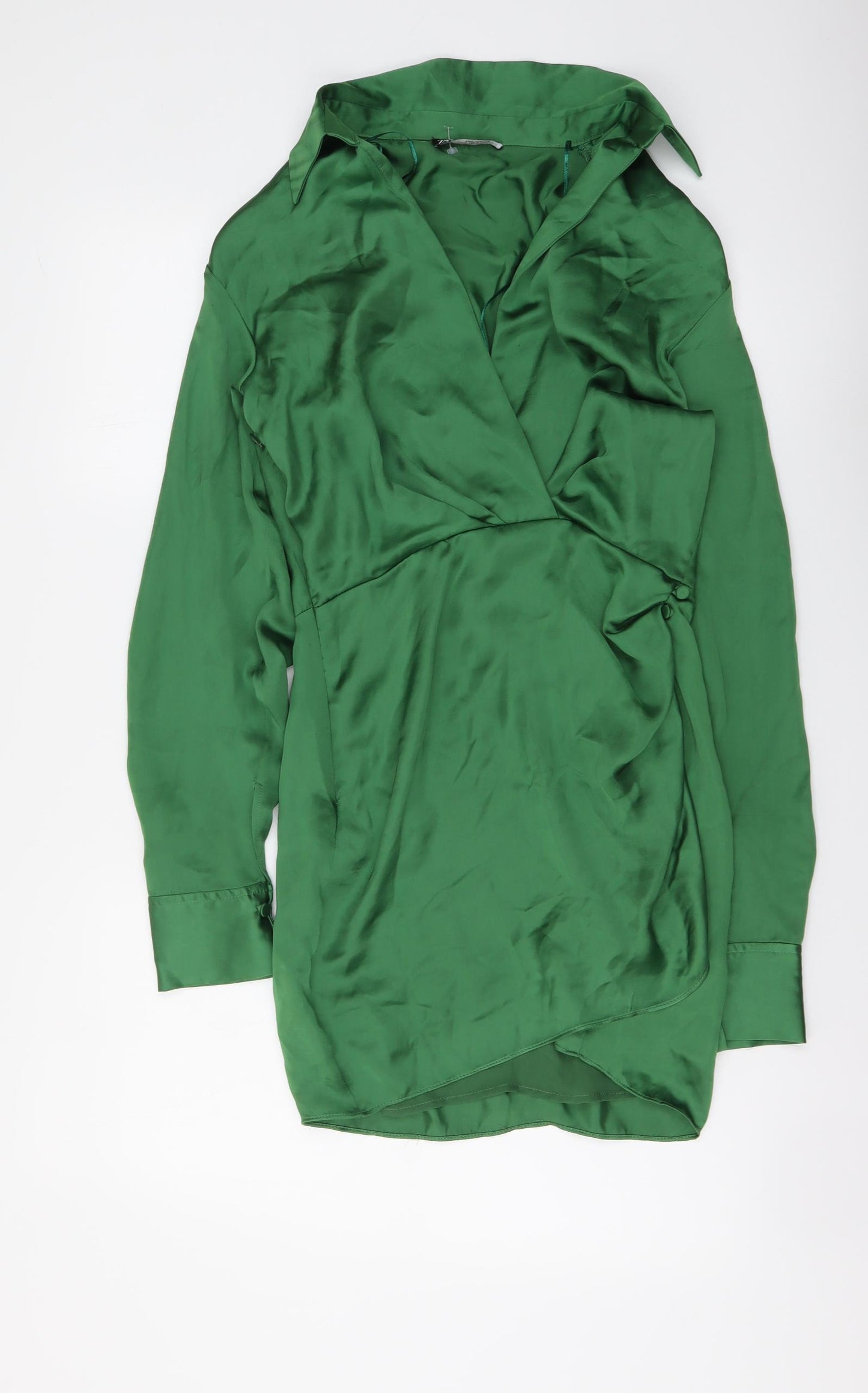 Zara Womens Green Polyester Shirt Dress Size XS Collared Zip
