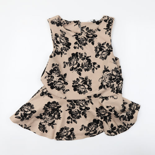 New Look Womens Beige Floral Polyester Basic Tank Size 16 Round Neck