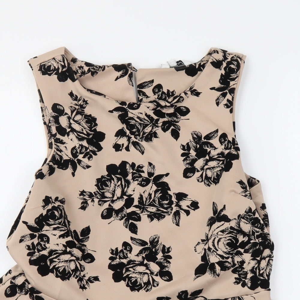 New Look Womens Beige Floral Polyester Basic Tank Size 16 Round Neck
