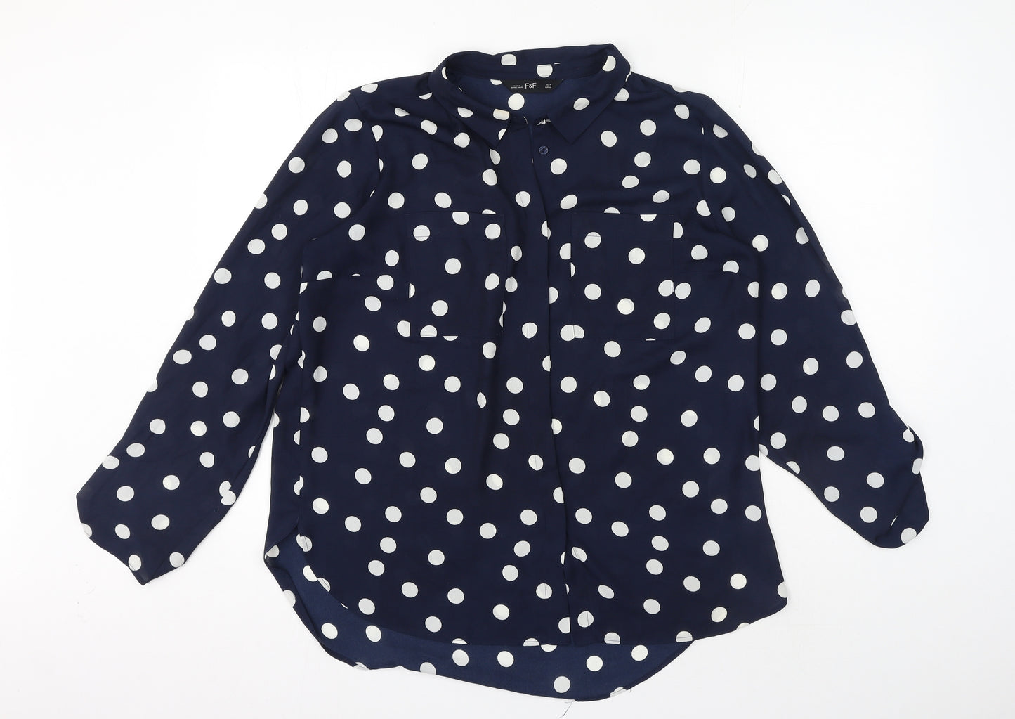 F&F Womens Blue Polka Dot Polyester Jersey Button-Up Size 16 Collared