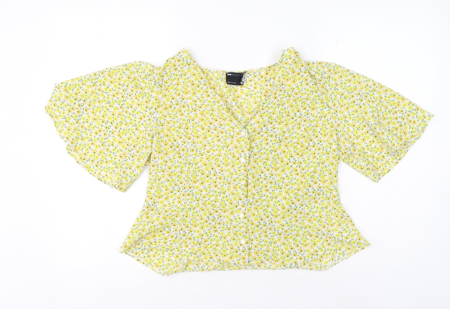 ASOS Womens Yellow Floral Polyester Jersey Button-Up Size 16 V-Neck