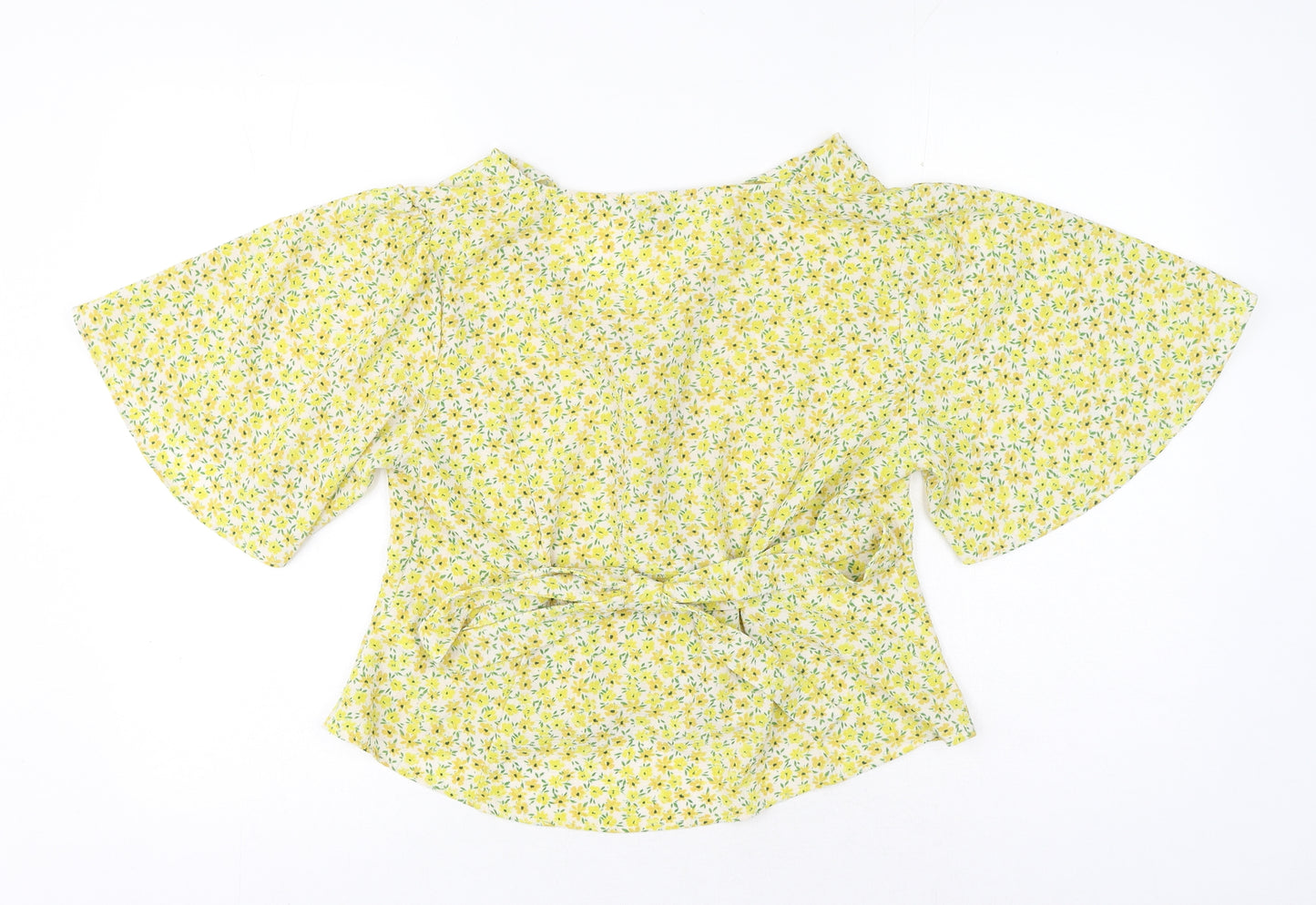 ASOS Womens Yellow Floral Polyester Jersey Button-Up Size 16 V-Neck