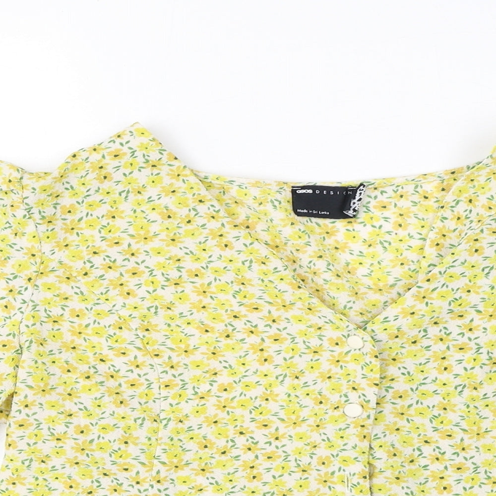 ASOS Womens Yellow Floral Polyester Jersey Button-Up Size 16 V-Neck