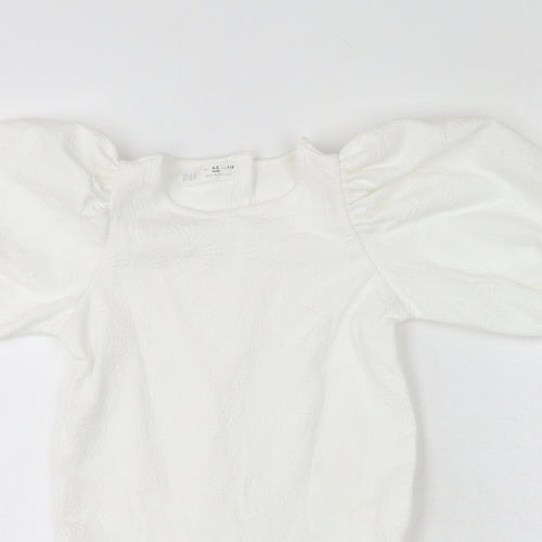 Zara Knit Girls White Floral Polyester Mini Size 4-5 Years Square Neck Button