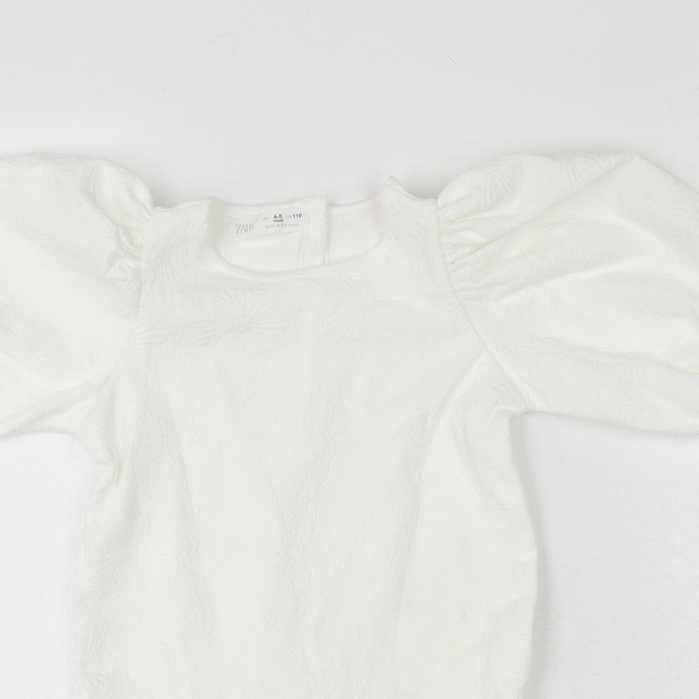 Zara Knit Girls White Floral Polyester Mini Size 4-5 Years Square Neck Button
