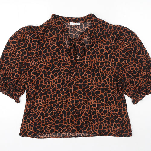 LOSTSTOCK Womens Black Animal Print Polyester Basic Blouse Size L V-Neck - Leopard print