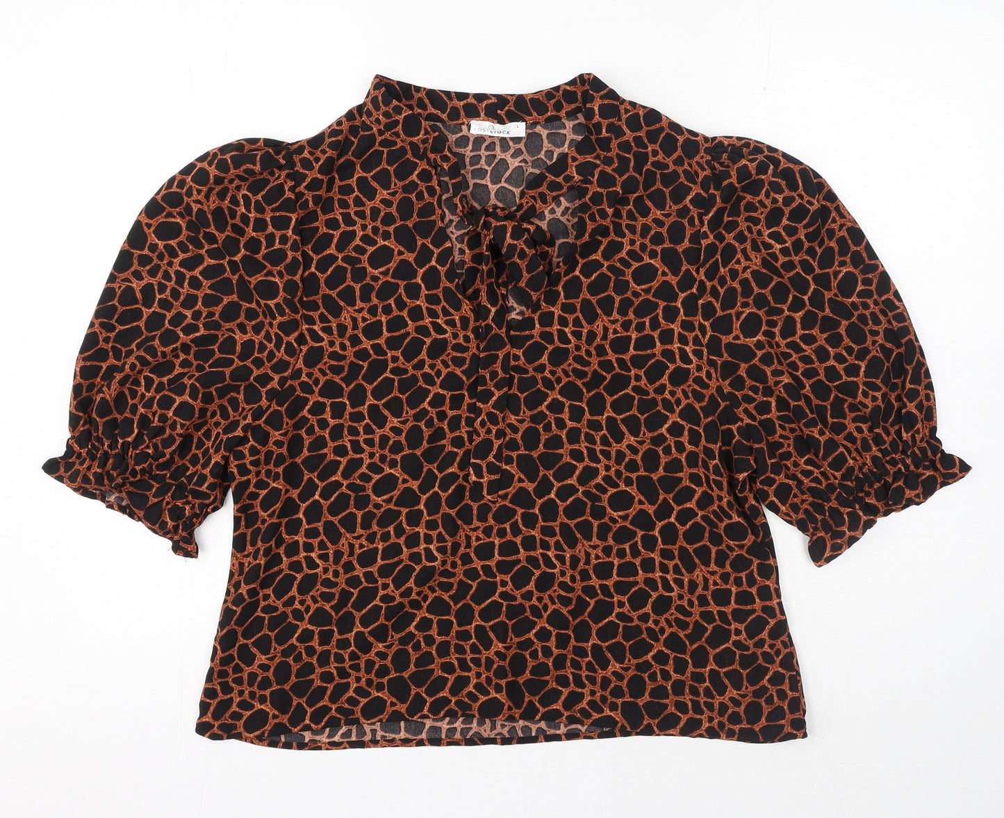 LOSTSTOCK Womens Black Animal Print Polyester Basic Blouse Size L V-Neck - Leopard print
