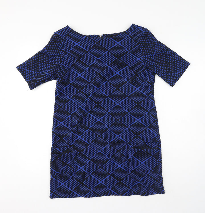 Wallis Womens Blue Geometric Polyester Mini Size S Round Neck Zip