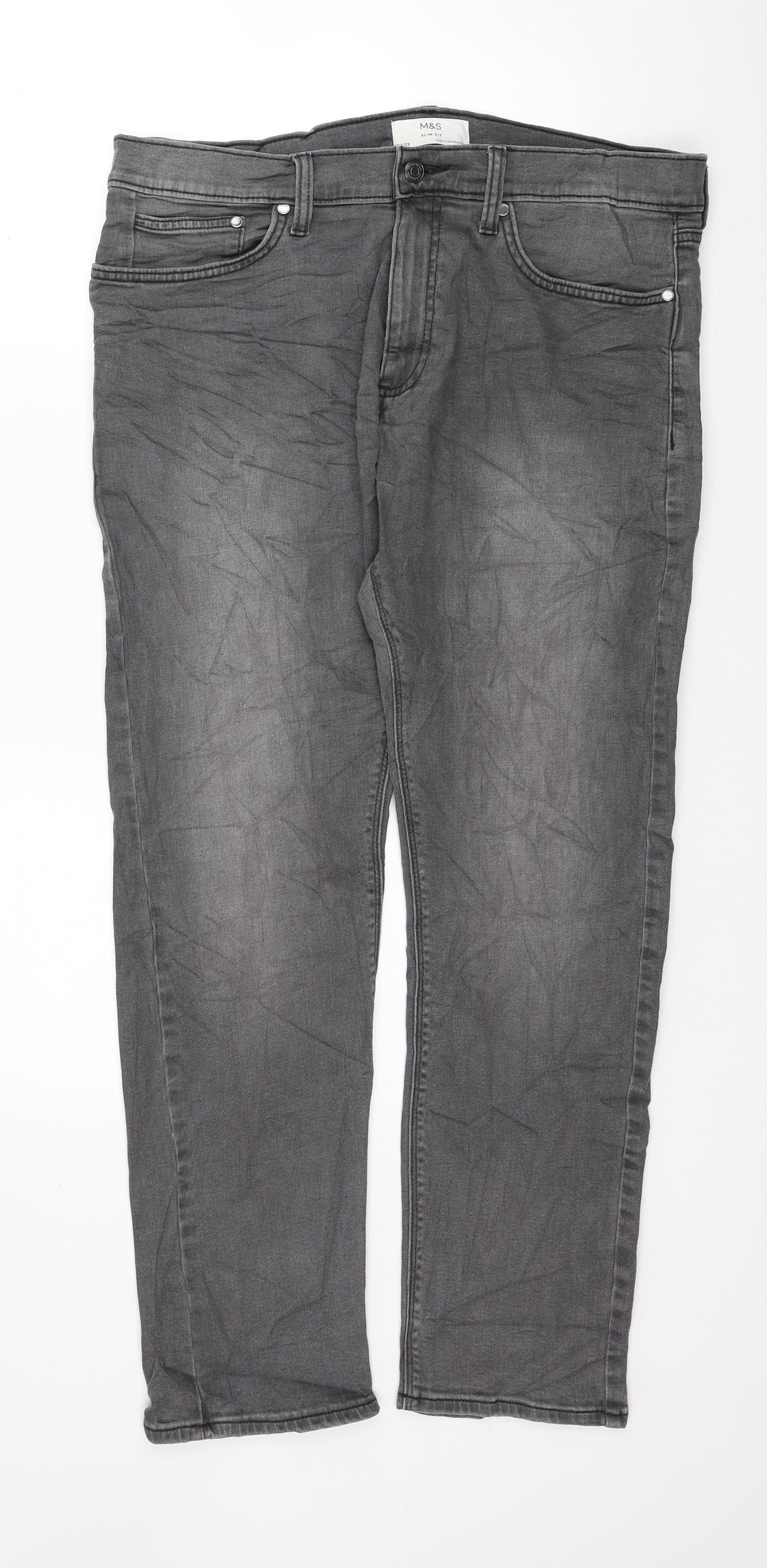 Marks and Spencer Mens Grey Cotton Straight Jeans Size 34 in L29 in Slim Button