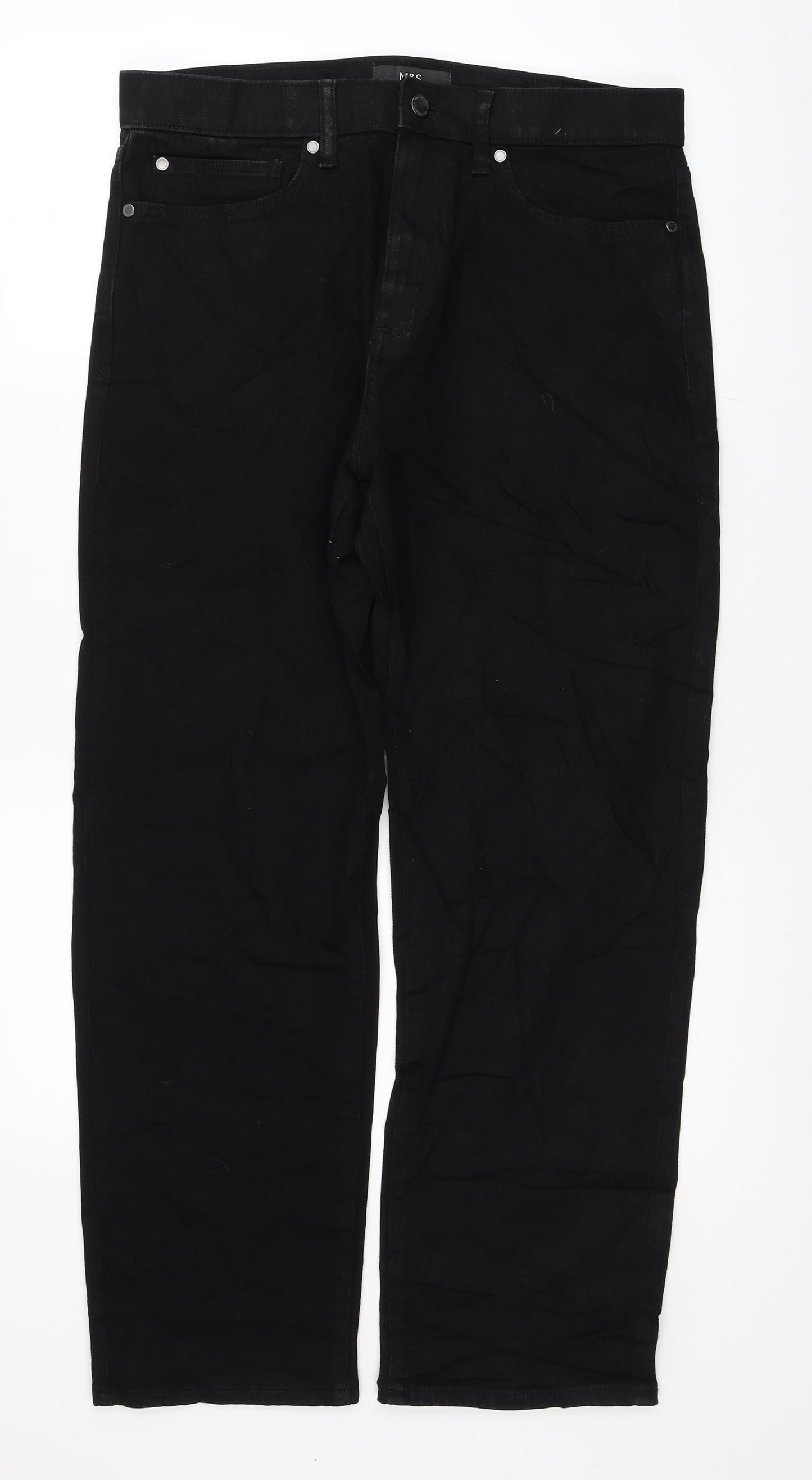 Marks and Spencer Mens Black Cotton Straight Jeans Size 32 in L31 in Regular Button