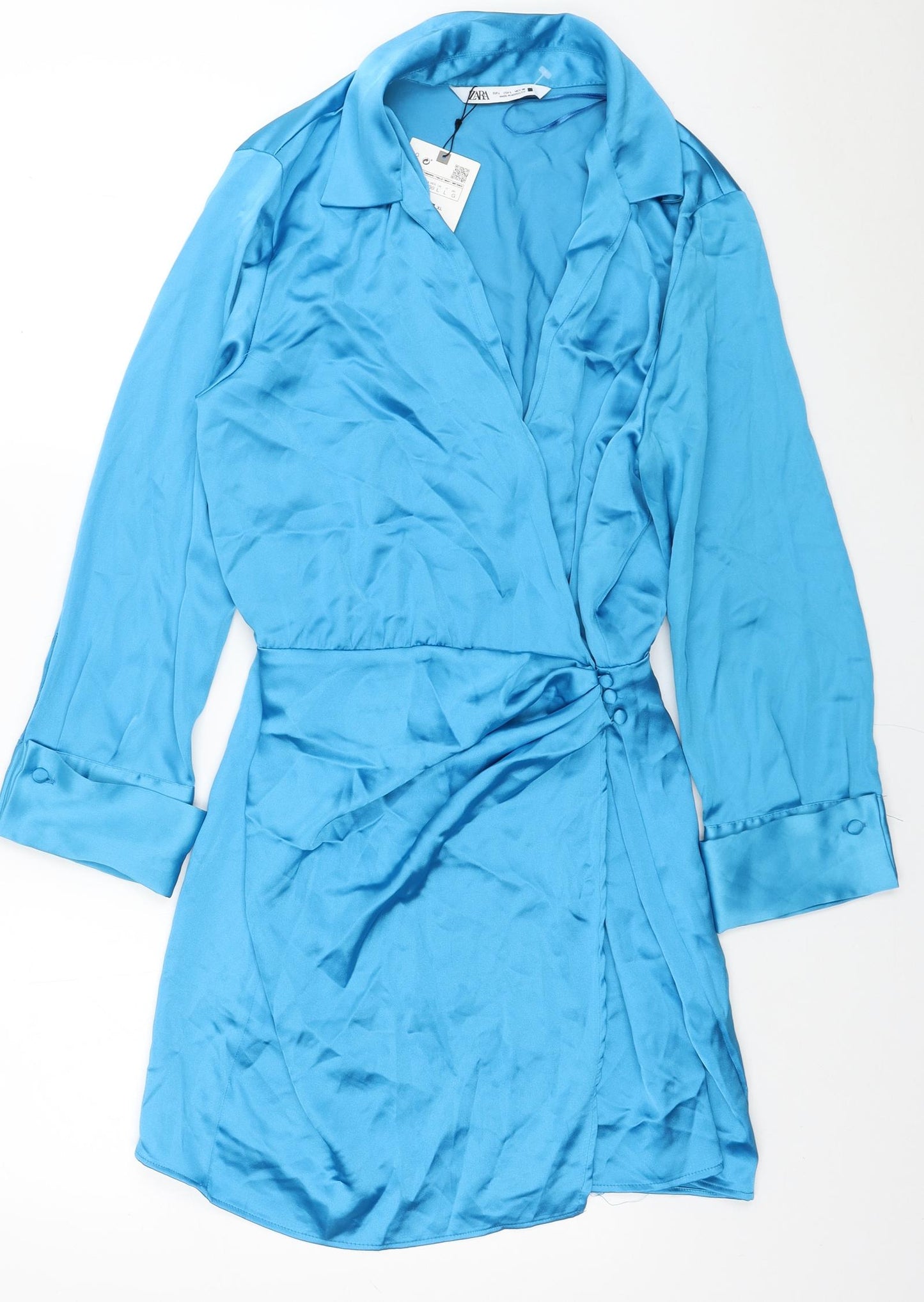 Zara Womens Blue Polyester Wrap Dress Size L V-Neck Button