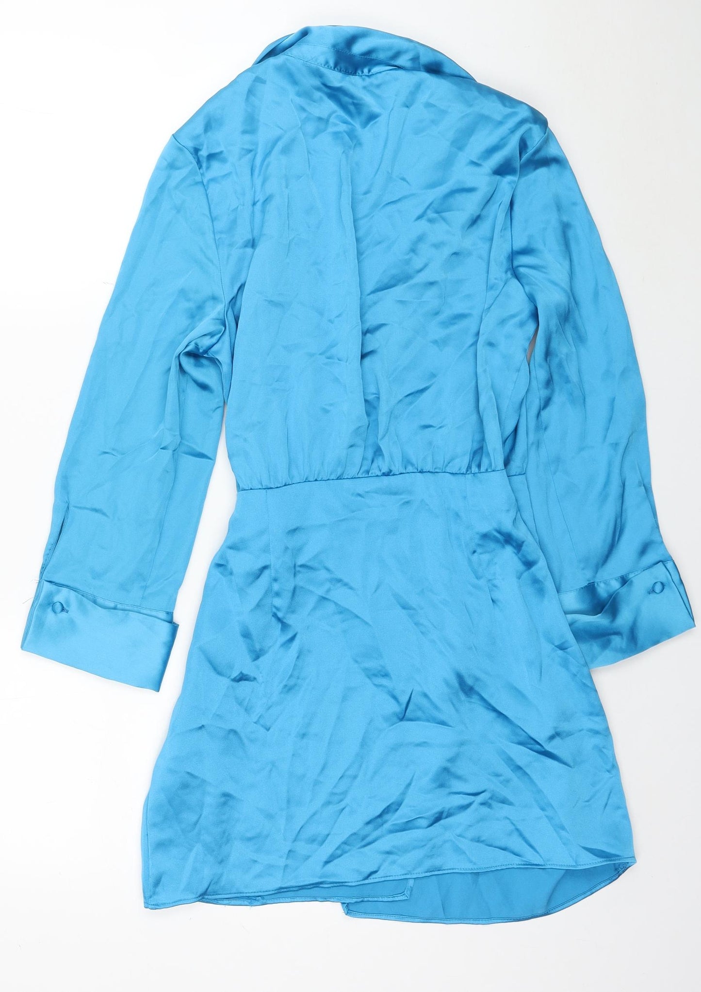 Zara Womens Blue Polyester Wrap Dress Size L V-Neck Button