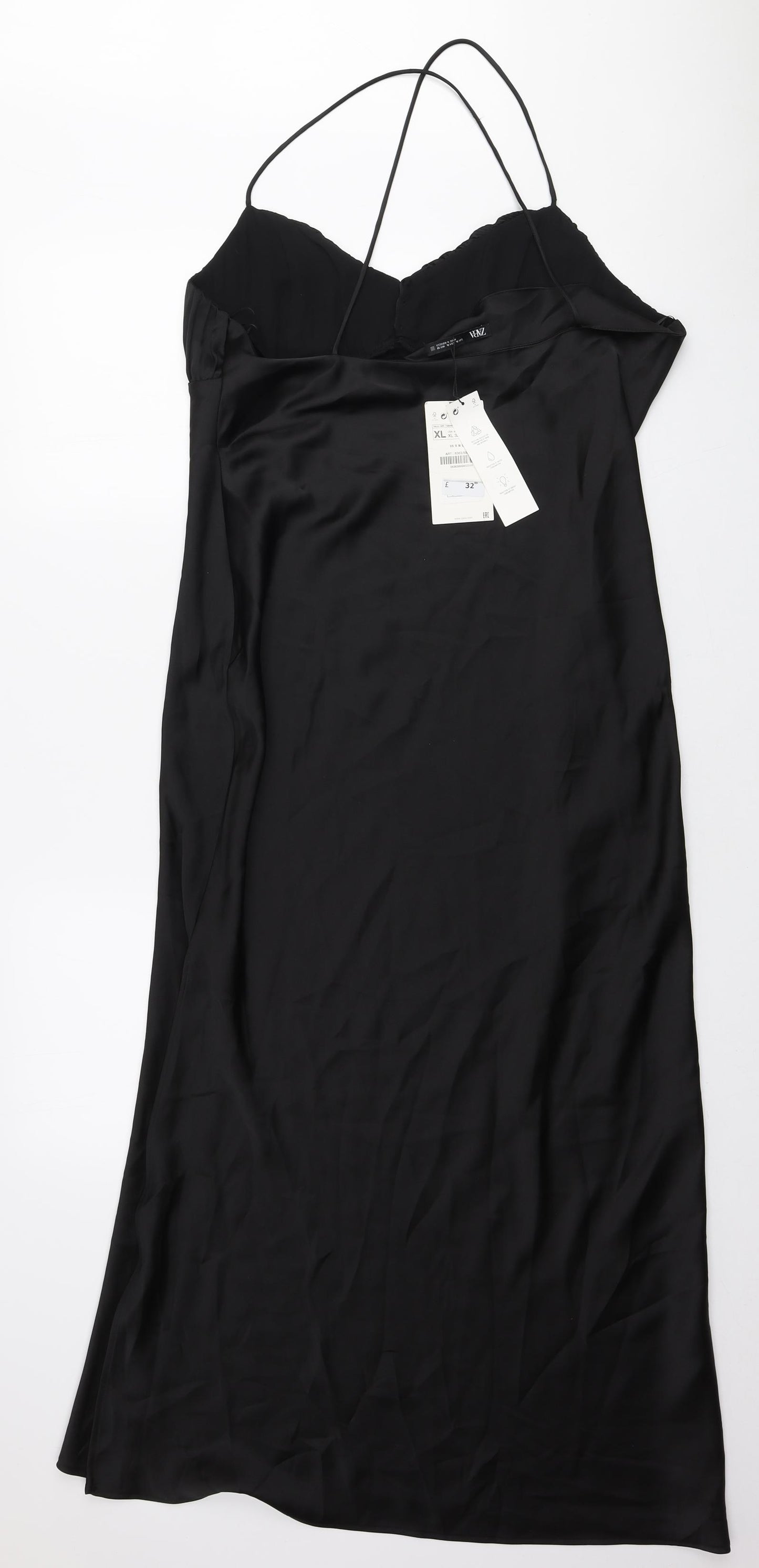 Zara Womens Black Polyester Slip Dress Size XL V-Neck Zip