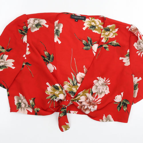 Cameo Rose Womens Red Floral Polyester Cropped Blouse Size 14 V-Neck