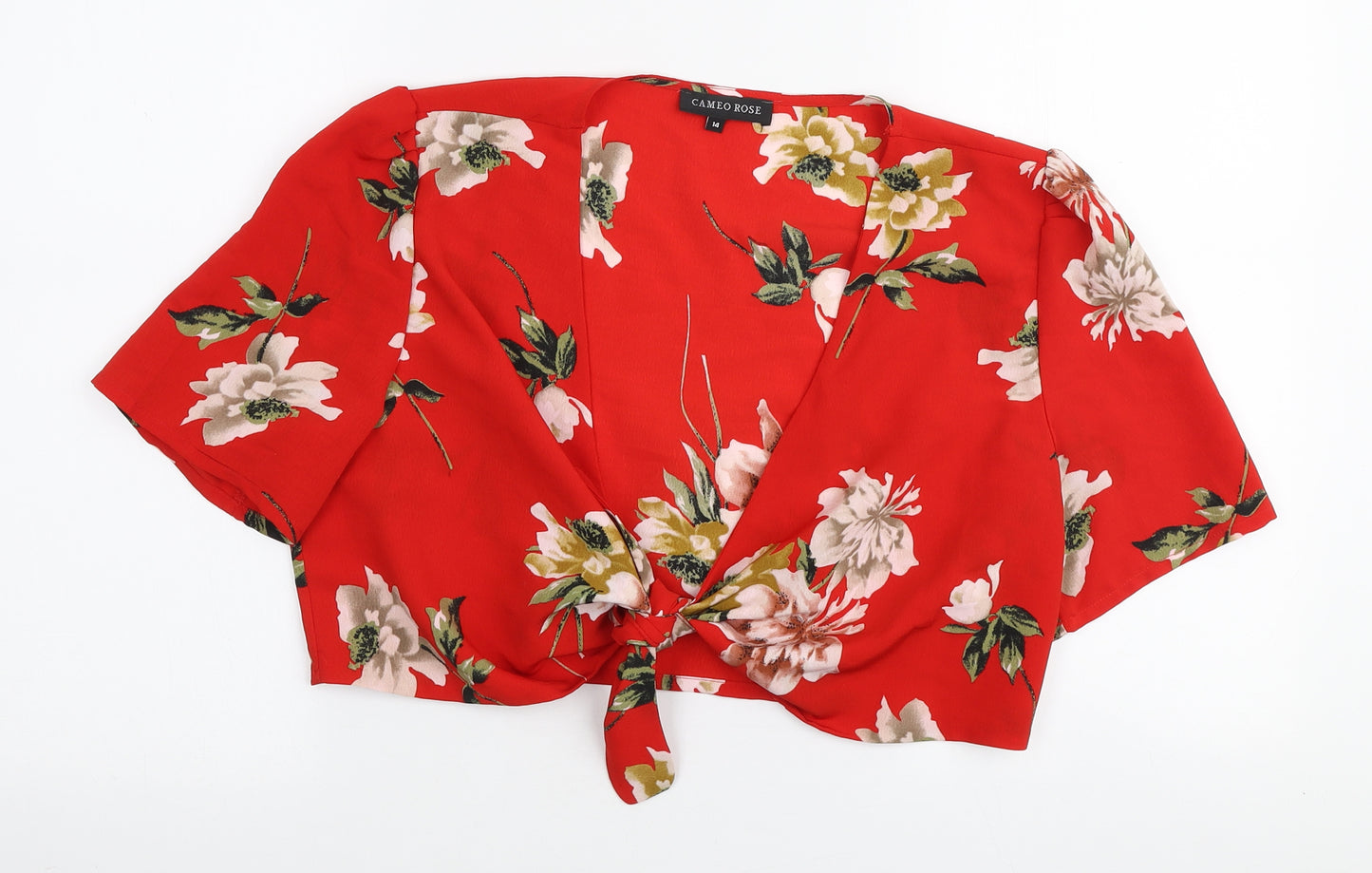 Cameo Rose Womens Red Floral Polyester Cropped Blouse Size 14 V-Neck
