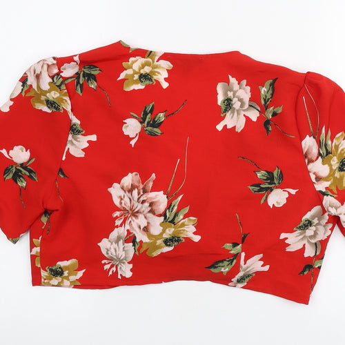 Cameo Rose Womens Red Floral Polyester Cropped Blouse Size 14 V-Neck