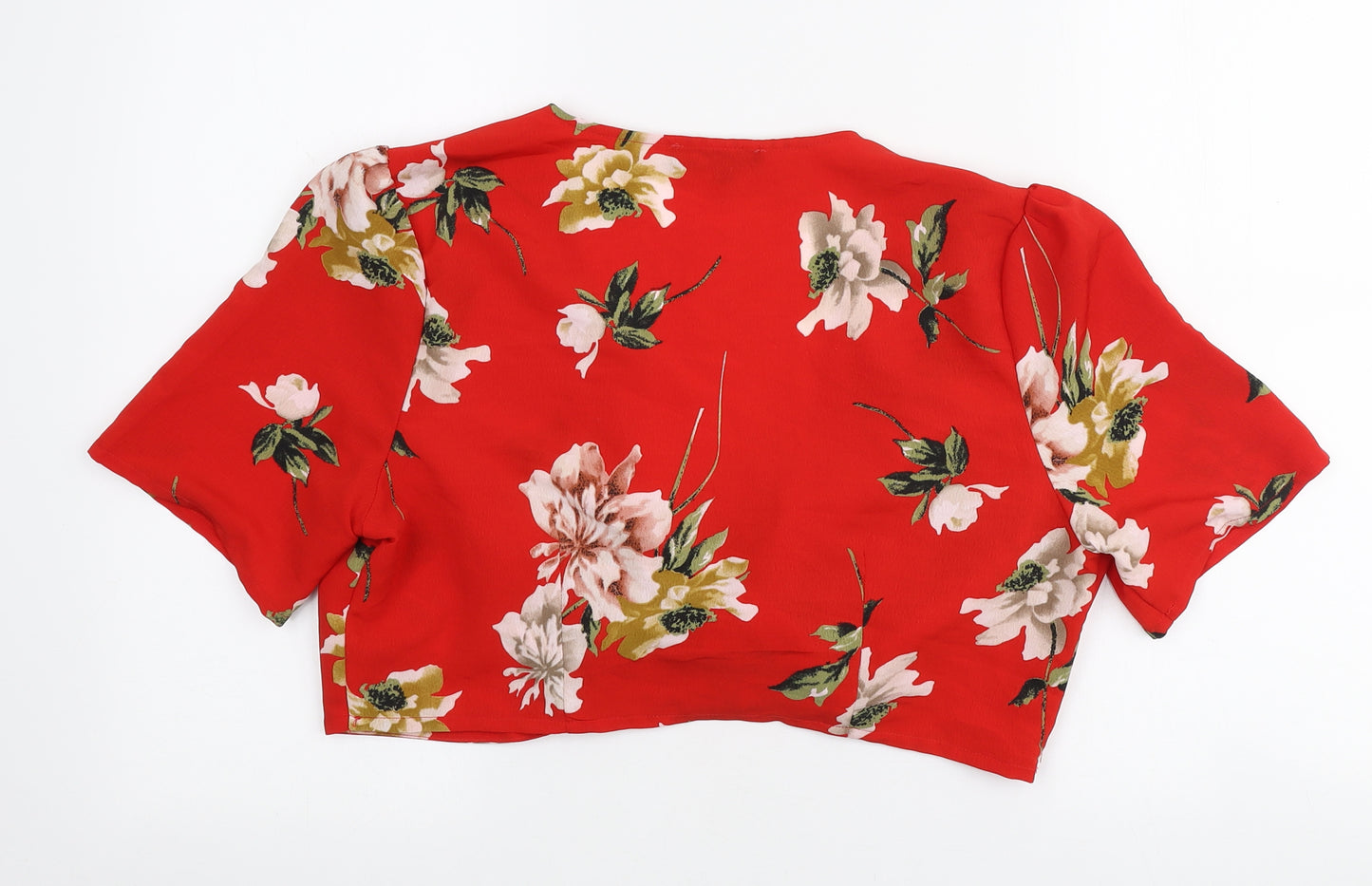 Cameo Rose Womens Red Floral Polyester Cropped Blouse Size 14 V-Neck