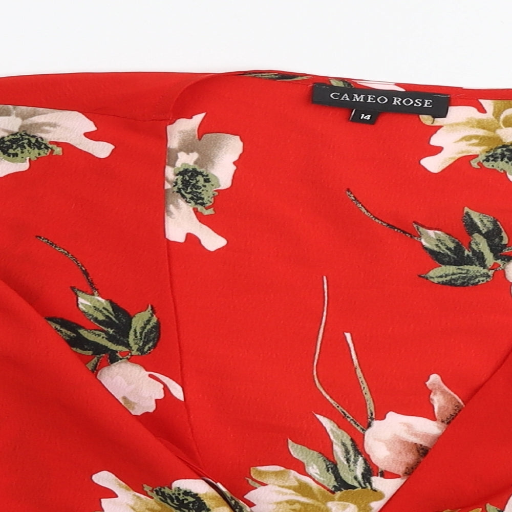 Cameo Rose Womens Red Floral Polyester Cropped Blouse Size 14 V-Neck