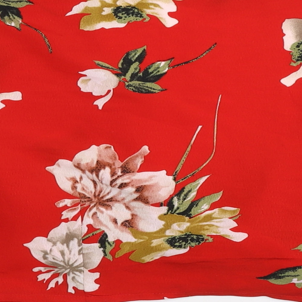 Cameo Rose Womens Red Floral Polyester Cropped Blouse Size 14 V-Neck