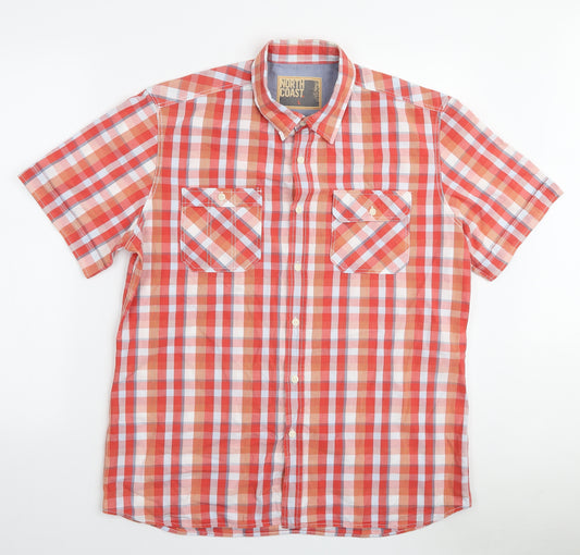 Marks and Spencer Mens Orange Plaid Cotton Button-Up Size L Collared Button