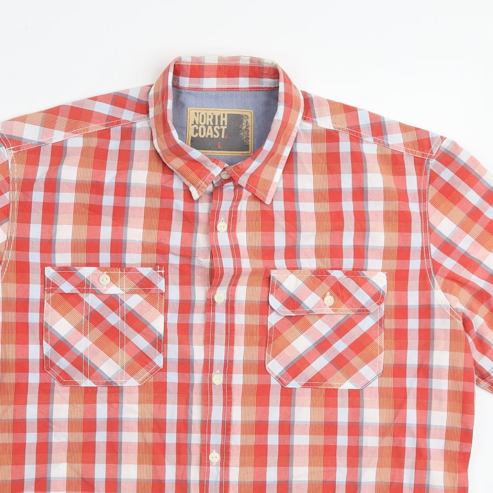 Marks and Spencer Mens Orange Plaid Cotton Button-Up Size L Collared Button