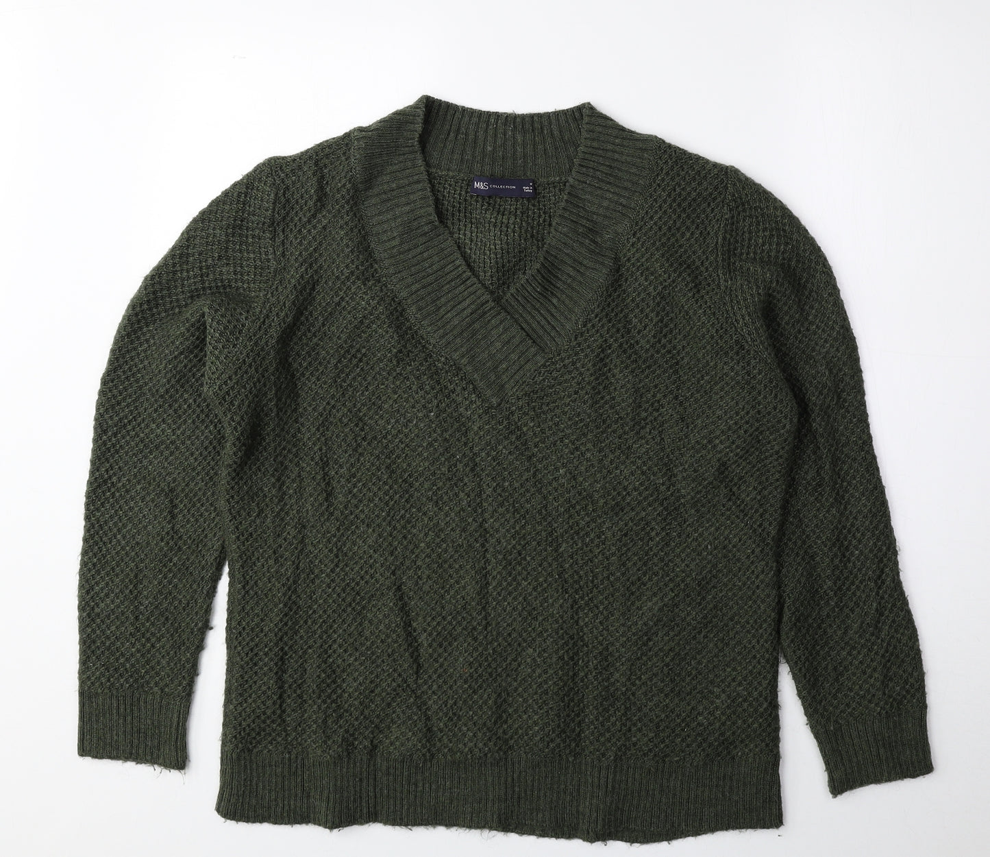 Marks and Spencer Womens Green V-Neck Acrylic Pullover Jumper Size M