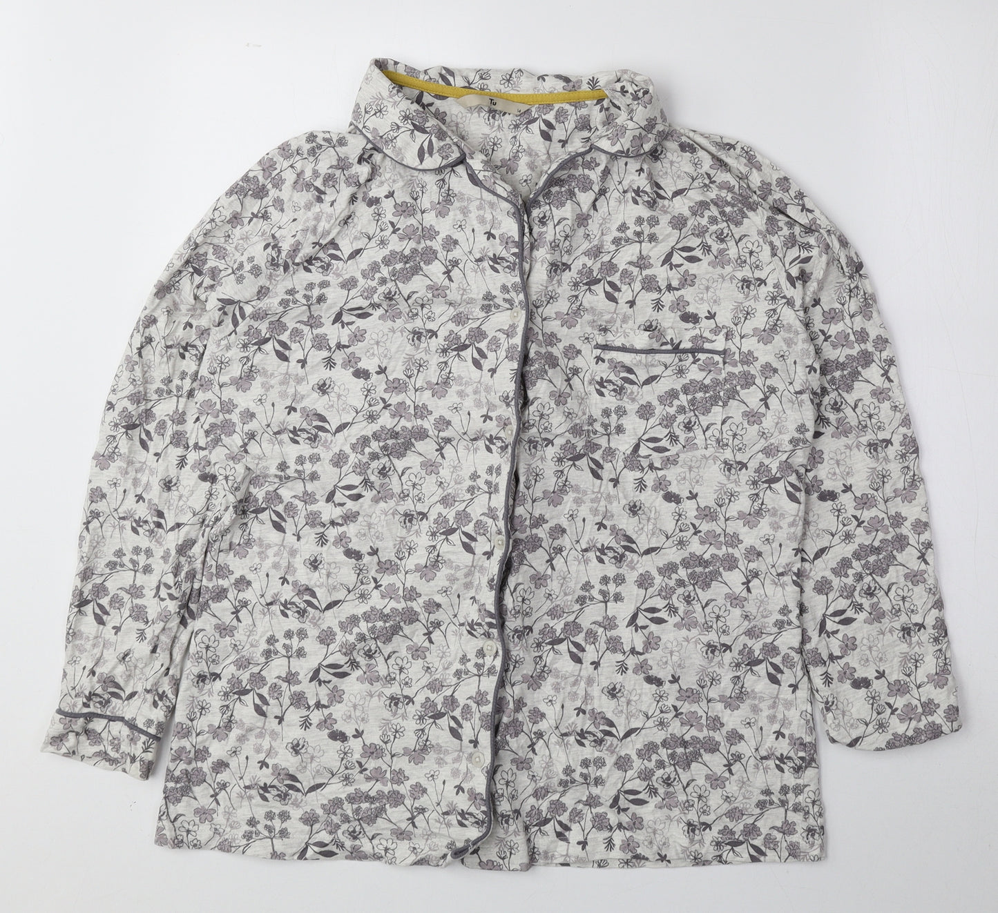 TU Womens Purple Floral Cotton Basic Button-Up Size 14 V-Neck