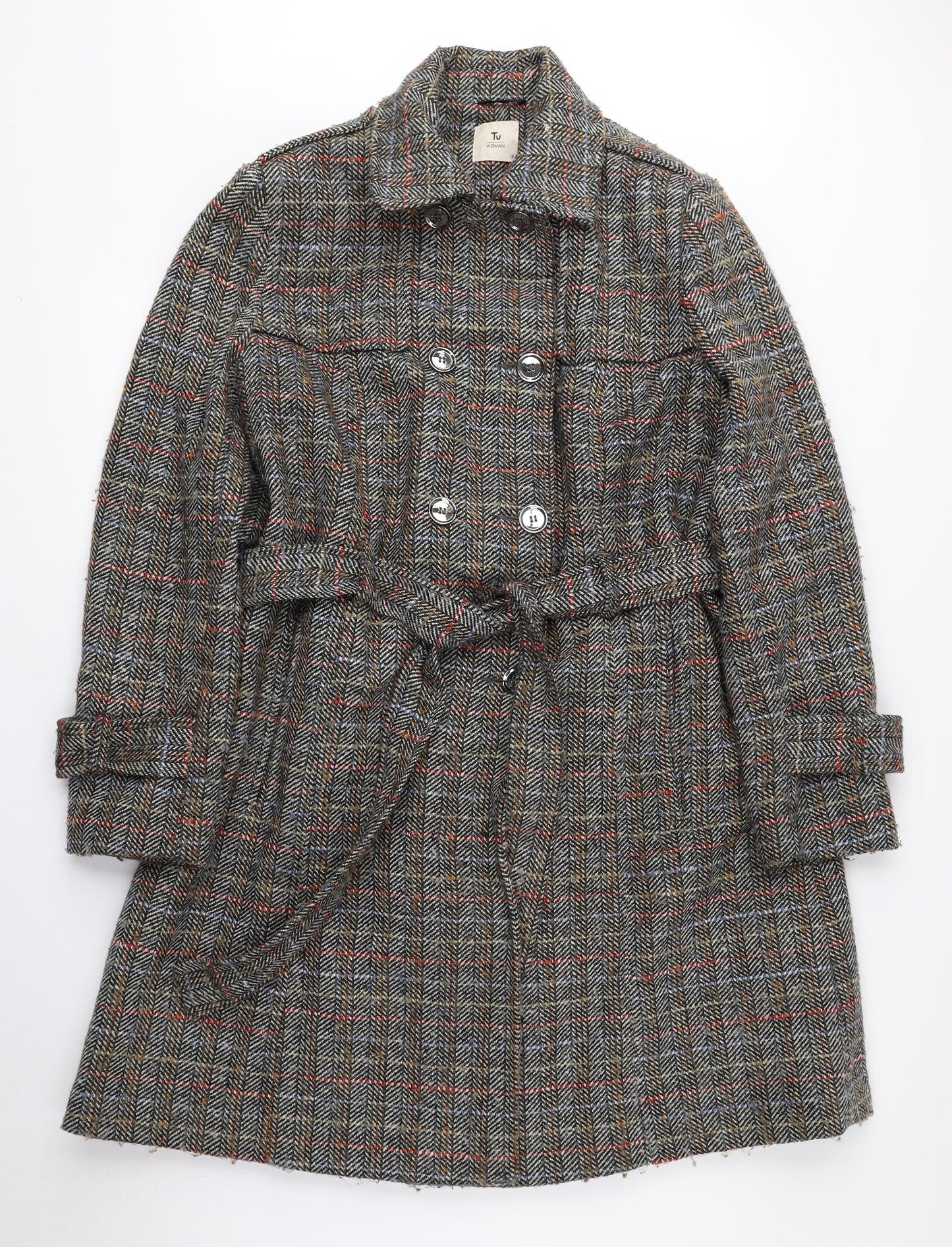 TU Womens Multicoloured Herringbone Pea Coat Coat Size 18 Button